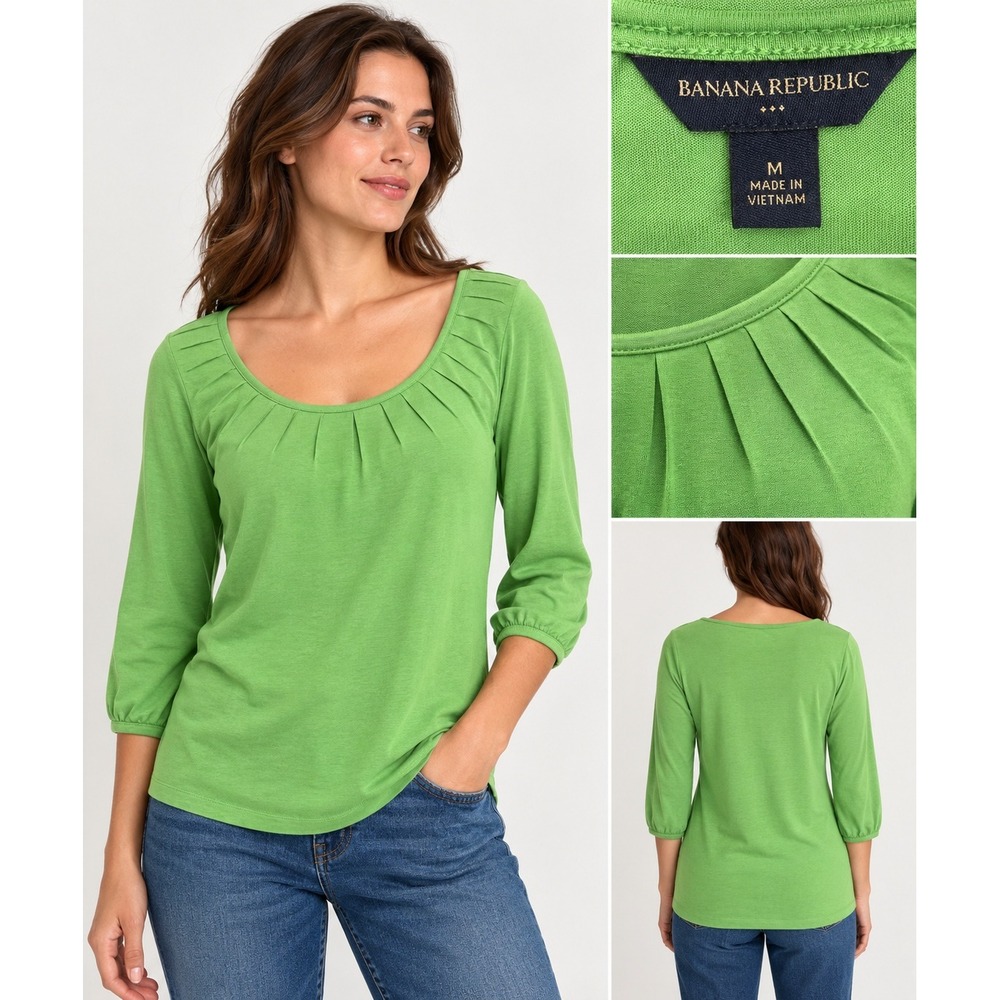 Banana Republic Top Women Medium Preppy Spring Pleated Scoop Neck Lime Green